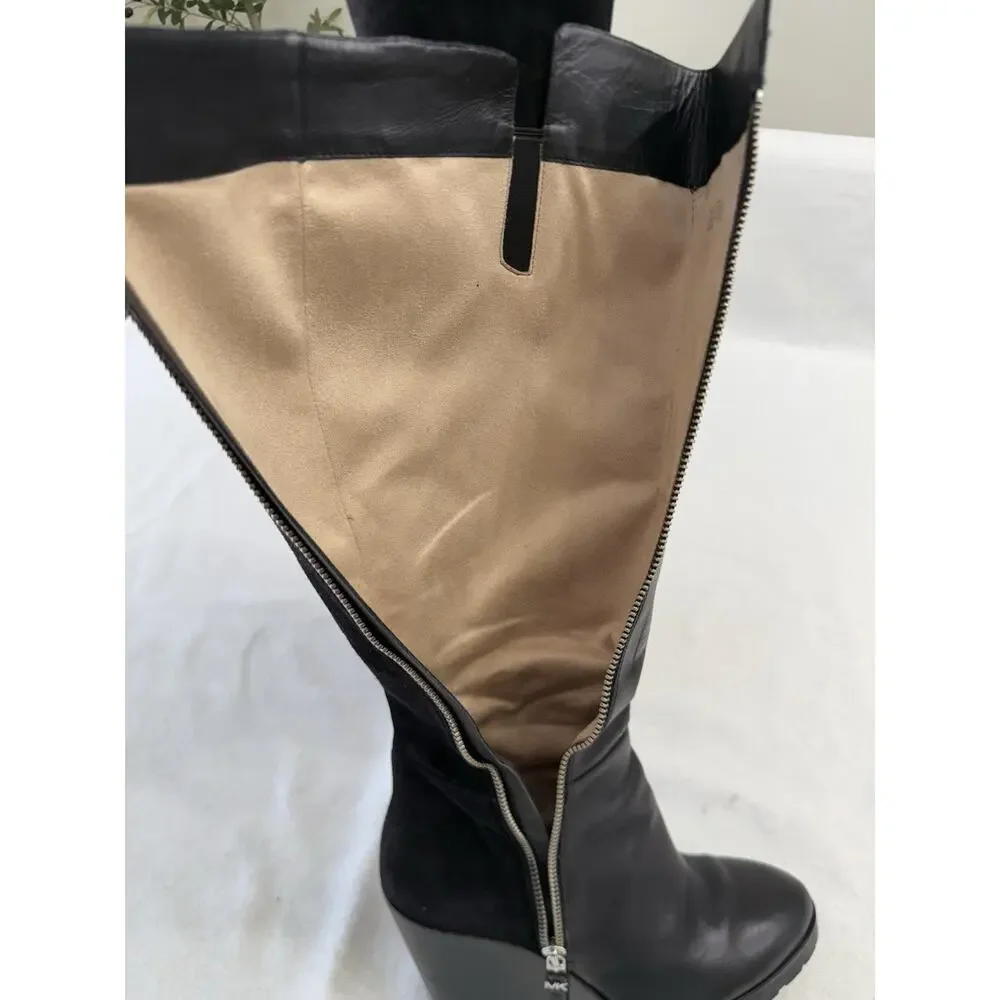 Michael Kors Clara Wedge Knee High Black Leather Women's Boots 6.5M Clean!
